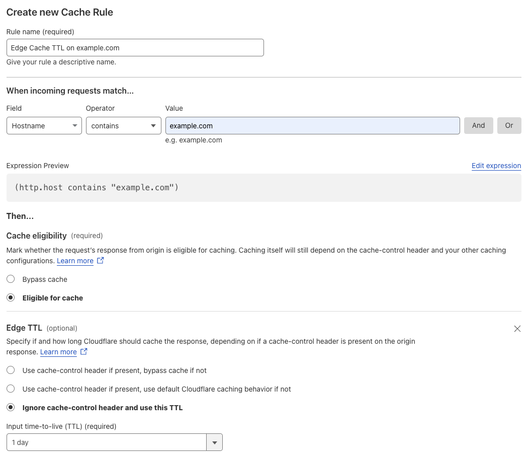 Cache rule matching the &lsquo;Edge Cache TTL&rsquo; setting of the example Page Rule